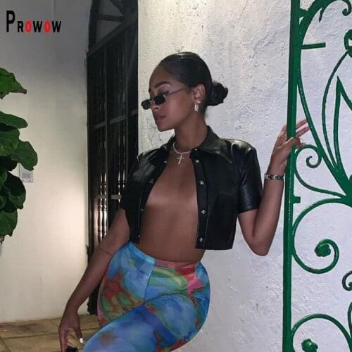 Prowow Leather Short Style Women Shirts Summmer Fashion Blouse Tops Clothes for Woman Solid Color Turn-down Collar Clothing