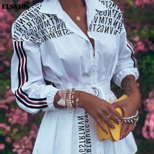 ELSVIOS Fashion Women Letter Print V Neck Shirts Dress Slim Irregular Zipper Short Dresses Autumn Winter Elegant Casual Dresses