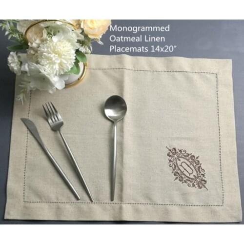 Set of 12 Monogrammed Placemats 14"X20"Hemstitched Oatmeal Linen Table Cloth with Color Embroidered Initial D