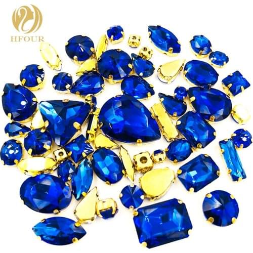 New Gold base mixed size mix shape Royal blue glass crystal flatback sew on rhinestones with claw DIY clothing Accessories