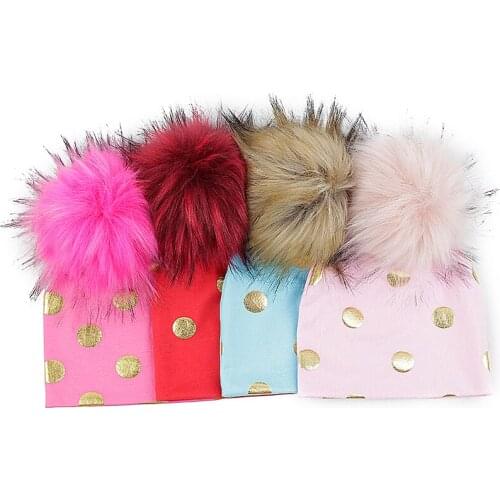 Newborn Gold Dot Beanie Baby Girls Bonnet Hats Candy Color Baby Elastic Caps Cute Faux Fur Pompom Warmer Bonnet Boys Casual Cap