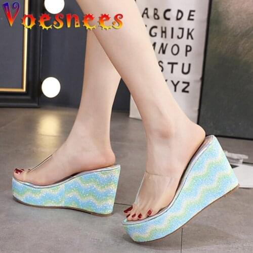 Summer Transparent Peep Toe Sandals Korean Style Rainbow Platform Slippers Wedges Female Shoes Fashion Sweet Wedding High Heels