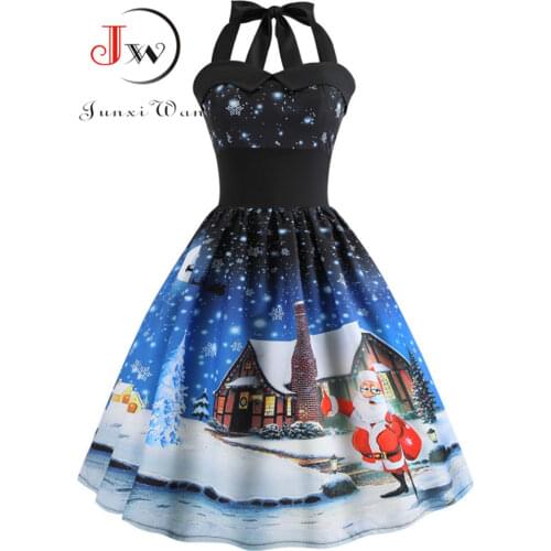 Sexy Party Dress Women Vintage Dresses Print Christmas V Neck Backless Halter Bandage Midi Sundress Plus Size vestido