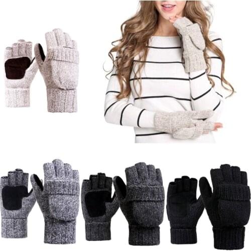 Unisex Wool Gloves Thermal Insulation Fingerless Gloves Winter Warm Knitted Convertible Mittens Flap Cover