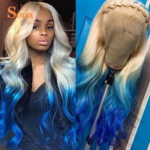 Ombre Blue Lace Front Human Hair Wig Body Wave Brazilian Remy Blonde Wig Transparent Colored Lace Frontal Wigs