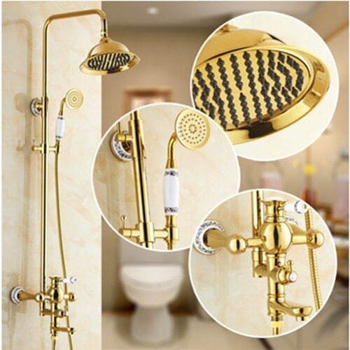 Shower Faucets Antique Brass Brushed Gold Plated Bathtub Faucet Blue and White Porcelain Bathroom Rainfall Shower