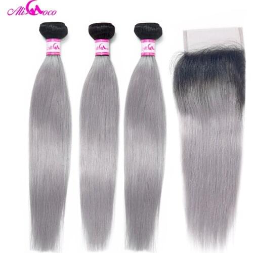 Ali Coco Brazilian Straight 1B Grey Bundles With Closure 100% Human Hair With Closure Omber Remy Hair Weave Extensions