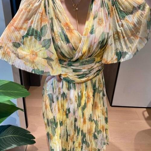 Top Quality 2021 New Fashion Original Design Pure Slik Print Yellow Flowers Sexy Beach Style Women Dress