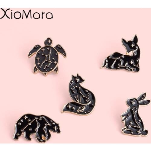 Constellation Starry Sky Stars Enamel Pin Bunny Rabbit Deer Sea Turtle Black Gold Animal Badges Brooches For Kid Women Wholesale