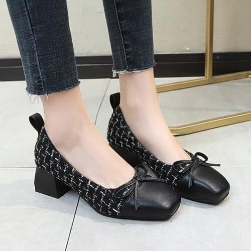 2020 Spring Women Pumps Costume Tweed Boat Shoes Plaid High Heels Office Work Shoes Patchwork Dress Shoes Chunky Heeled