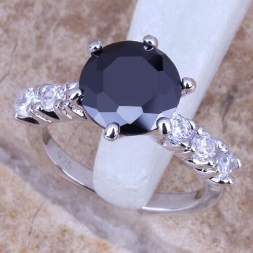 Black Cubic Zirconia White CZ Silver Plated Womens Jewelry Ring Size 6 / 7 / 8 / 9 R0701