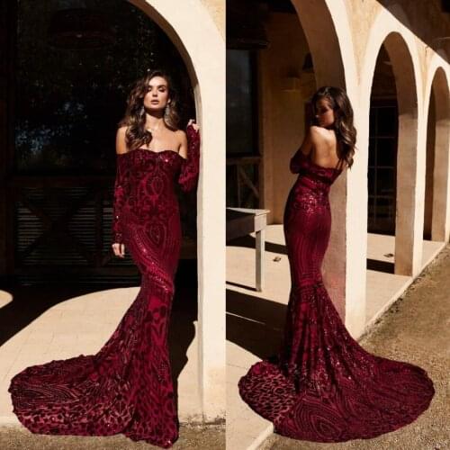 Sparkly Burgundy Mermaid Prom Dresses Sequin Off The Shoulder Vestido De Festa Sweep Train Long Sleeve Evening Dress Party Gowns