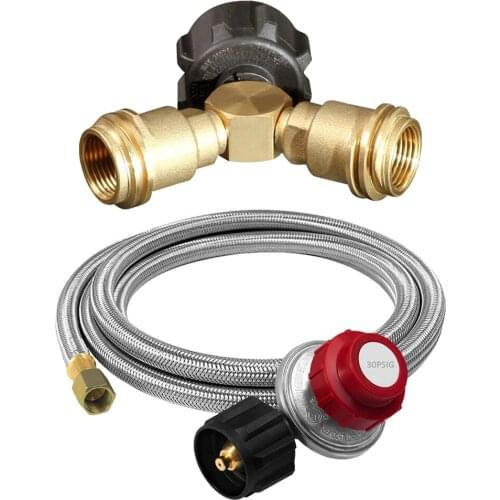 3-Way Propane Y Splitter Valve Adapter With Stainless Regulator 4ft Hose Acme nut (QCC) x 3/8inch Female Flare Fitting