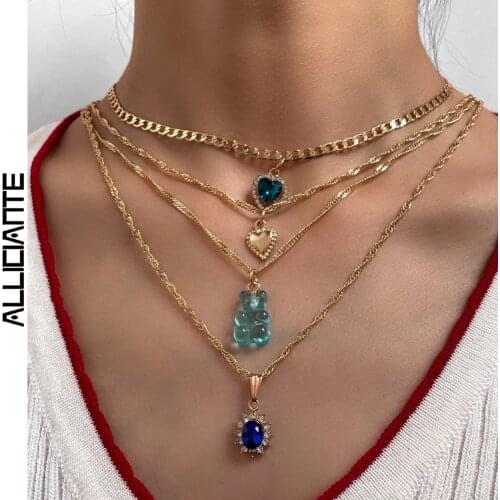 Boho Blue Gummy Bear Crystal Heart Charm Necklace For Women Multilayer Gold Color Metal Twisted Chain Necklace Statement Jewelry