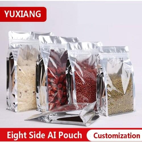 50pcs/Lot Aluminum Foil Eight Side Half Transparent Self-Sealing Packaging Bag With Zipper Customization Logo Made Storage Food
