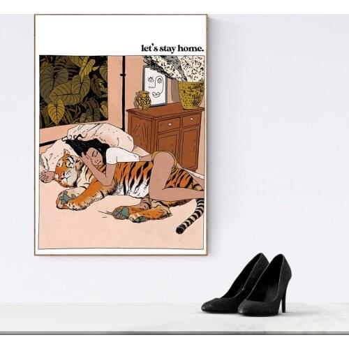 Abstract Tiger and People Stay At Home Poster Modern Wall Art Canvas Painting Fashion Living Room Bedroom Nordic Home Decoration