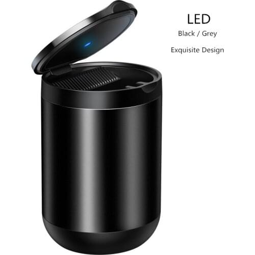 Car ashtray cup for cigarettes with lid and led light outside portable Black grey holder for men fine craftmanship texture