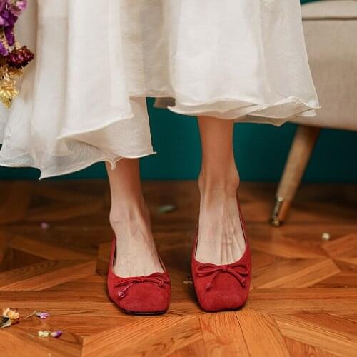 MEZEREON Ballet Flats Kid Suede Kawai Shoes With Butterfly-Knot Slip On Footwear Low Heel TPR Bottom Flat Shoes for Women