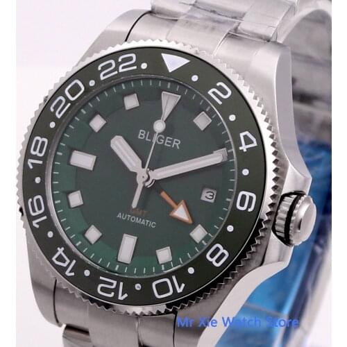 Bliger 43mm Green Dial Automatic Mechanical Mens GMT Watch Business Luxury Day Date Sapphire Glass Luminous Wristwatch Men