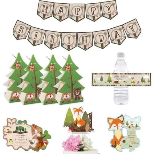 Woodland Animal Theme Straws Party Supplies Favor Box Invitation Bags Cake Topper Bottle Label Banner Hanging Decor Centerpiece