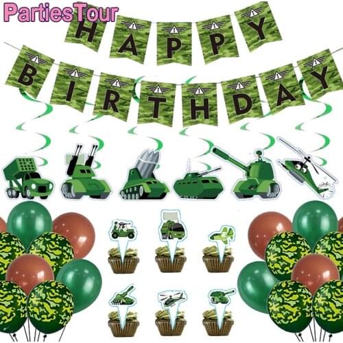 Camouflage Birthday Party Decor Camo Balloon Happy Birthday Banner Hanging Swirls Cake Toppers Army Soldier Military Party Decor