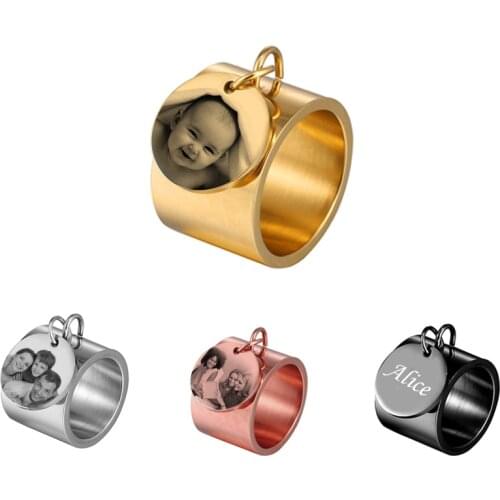 Personalized Name Rings for Women Round Engraved Photo Custom Nameplate Rings Letter Stainless Steel Male Female Ring Jewelry