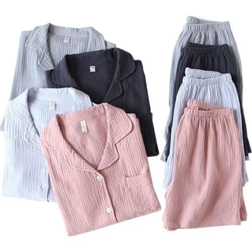 2021 Couples Spring Summer New Lovers Comfort Loose Gauze Cotton Simple Style Solid Color Household Pajamas Set For Men Women