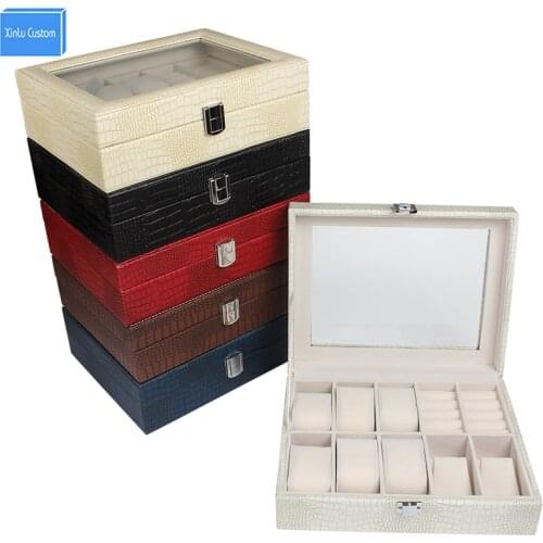 Larger Luxury Rectangle Leatherette Brand Fashion Leather Wooden 8+2 Grids Gift Box Watch Case Jewelry Display Ring Window Lock