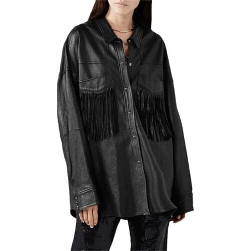 Fringed PU Leather Jacket Ladies Leather Shirt Blouse 2021 New Spring Autumn Single Breasted Solid Black Motorcycle Coats Y1413