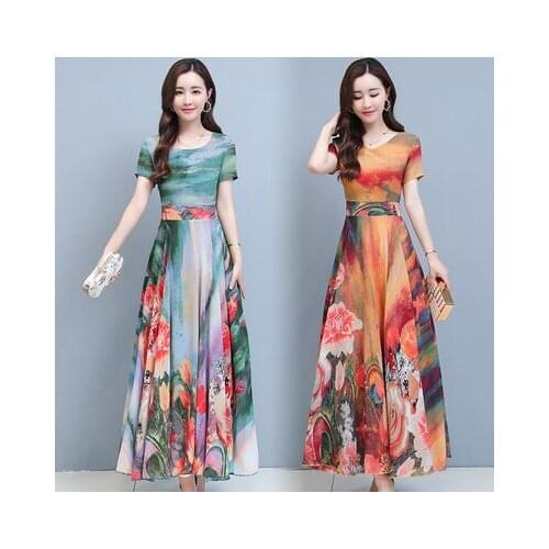 Chiffon Summer Dress Shein Sukienka Thin Short Sleeve O-neck Long A-line Floral Print Robe Femme Ropa Mujer Robe Vestido 6253