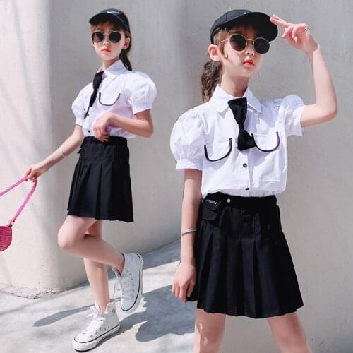 Summer Teenage Girls Clothes Set For White Short Sleeve Shirt+Pleated Skirt Cotton and Linen Children Clothes Suit 6 8 10 12Yrs