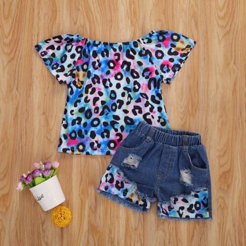 New Two-piece Children Leopard Outfit Girls Short Sleeve T-shirt Denim Shorts Set