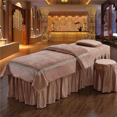 New Crystal Velvet Cosmetic Bed Skirt Beauty Treatment Quilt cover Pillowcase for Beauty Salon Bedding Set 4PCS Blue Brown #600