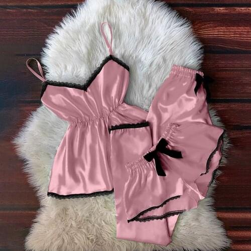 Womens Summer Two-piece Home Suit Thin Stain Camisole Pajamas Bowknot Shorts Set V-Neck Eyelash Lace Sexy sleepwear