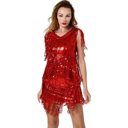 V Neck 1920s Sequin Fringe Charleston Flapper Dance Dresses Costumes Sexy Latin Dance Dress with Sparkling Sequins