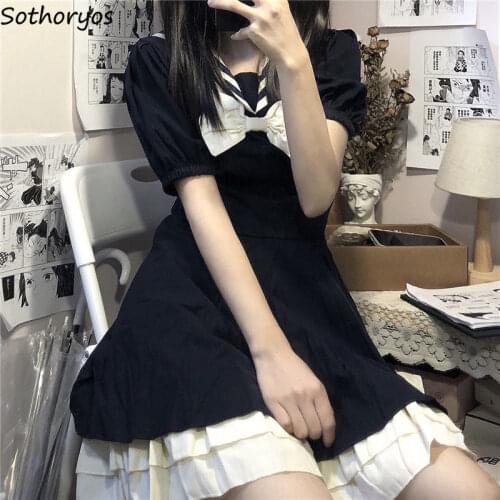 Short Sleeve Dress for Women Summer Janpan Style Kawaii Clothing Sailor Collars Dresses Trendy Streetwear All-match Bow Knot
