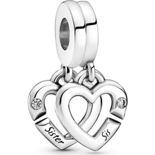 2021 Brand New Original S925 Sterling Silver Linked Sister Hearts Split Dangle Charms Fit Bracelets And Necklace DIY Accessories