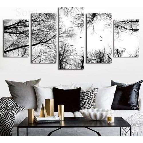 Five Pieces of Tree Branches Bird Sky Decoration Painting Gray Tone Simple Style Modern Porch Living Room Corridor Study Room