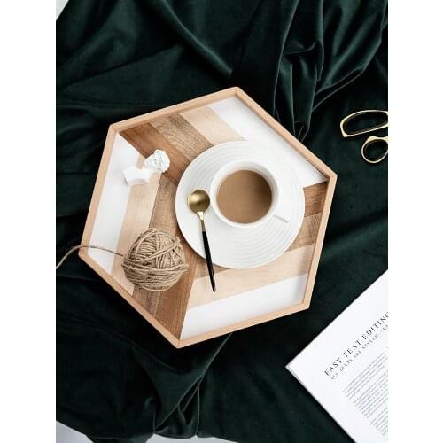 Nordic Style Hexagon Solid Wood Storage Tray Cosmetic Organizer Tea Coaster Fruits Desserts Plate Kitchen Home Decorations