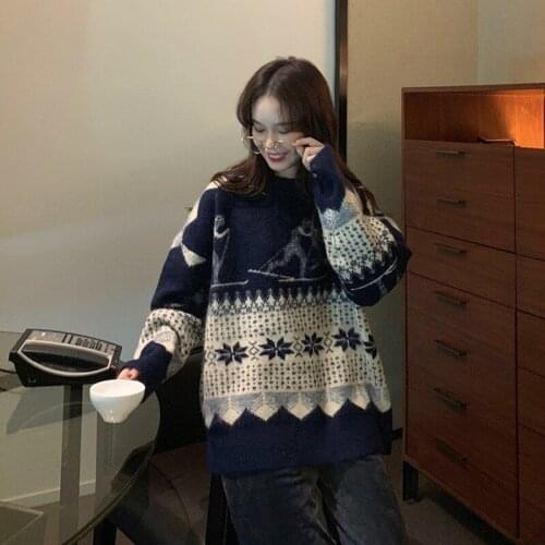 Sweater Loose Lazy Womens Knit Sweater Long-sleeved Tops Retro Sweater Women Winter Thickened Pullover