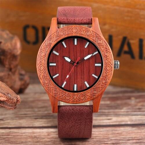 Vintage Red Wood/Zebrawood Men Watches Quartz Wristwatch Genuine Leather Watch Band New Retro Casual Male Wooden Watch