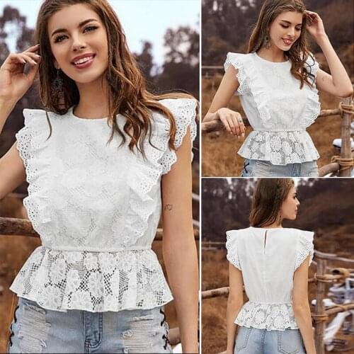 Women Sleeveless Blouse Top Ruffles White Lace Blouse Summer Shirt Blouse Female Casual White