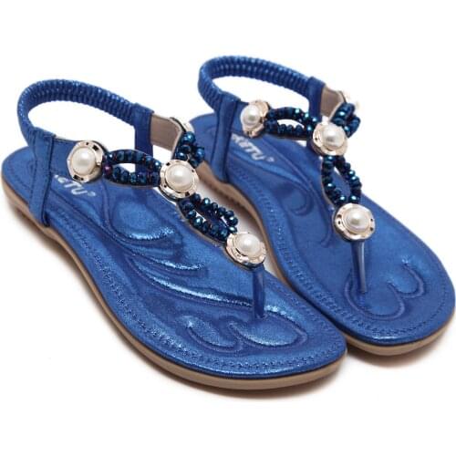 Womens Flat Sandals 2021 Summer Retro Beaded Metal Rhinestone Pearl Large Size Herringbone Beach Shoes