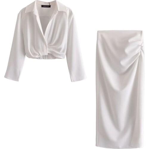 Women Suit with Skirt Chiffon Linen Blend Cropped Shirt & Draped Skirt Spring Summer Fashion Casual Cozy Woman 2 Piece Set