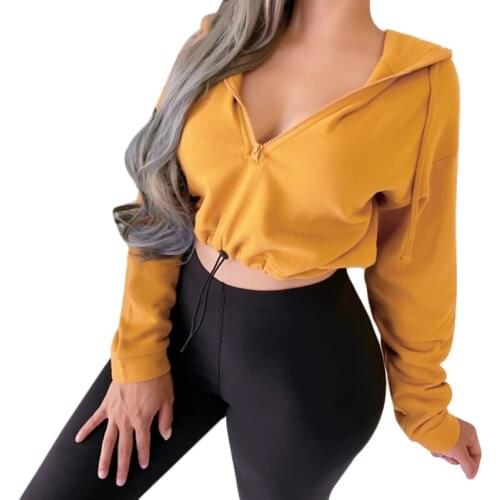 Women Slim Long Sleeve Sweatshirt Fashion Half Zipper Sexy V-Neck Hooded Pullover Solid Color Autumn Drawstring Hooded Top