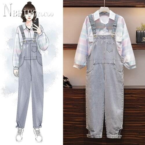 2020 Spring Plus Size Women Sets Candy Color Blouse And Denim Suspender Pants Female Sets