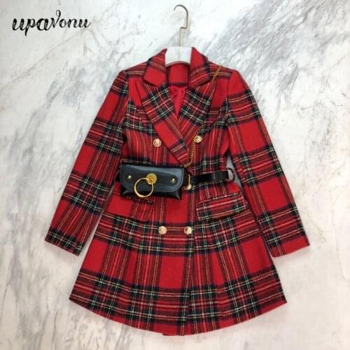 Free Shipping 2021 New Womens Red Plaid Blazer Dress OL Commuter Style Fashion Lapel Double Breasted Belt Waist Bag Plaid Dress