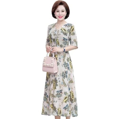 Women Summer Chiffon Flowers Dress 2021 New Short Sleeve Plus Size Floral Middle-age Lady Long chiffon Dresses