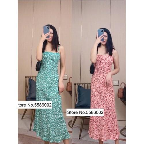 Ladies High-end 100% Silk Sleeveless Floral Printed Spaghetti Strap Midi Dress