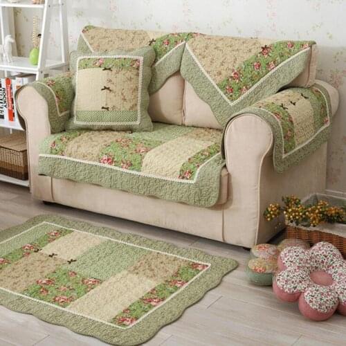 1 Pcs Winter Sofa Cover Cotton Green Floral Printed Hand Patchwork Quilting Sofa Mat Slip-resistant Home Sofa Towel Home Textile